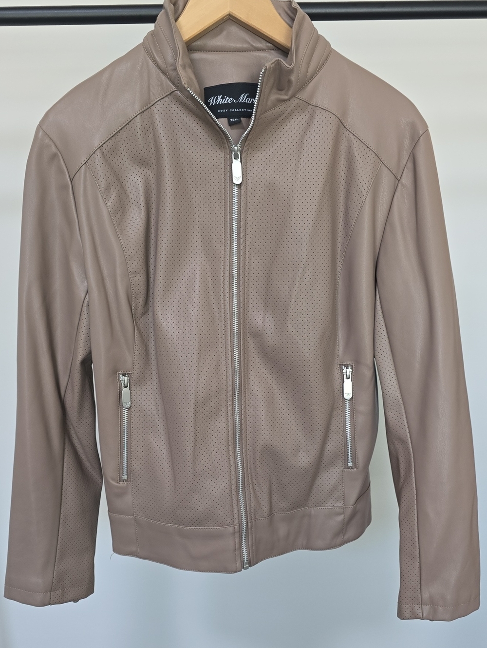 White Mark Taupe Perforated Leather Zip Jacket